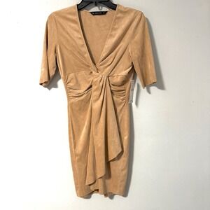 ZARA‎ BASIC Women Tan Faux Suede Twist Front Ruched Midi Dress Size S